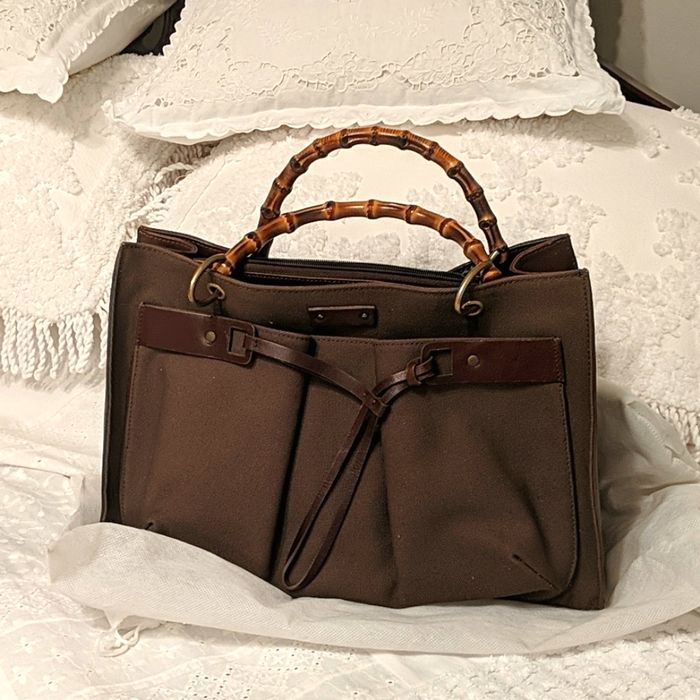 Bamboo handle khaki color canvas purse